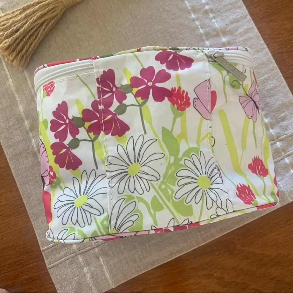 Clinique Cosmetic Makeup Bag Flowers Butterflies Train Case w Handle + Small Bag